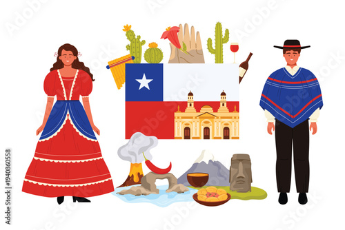Travel to Chile, infographic collage with giant Chilean flag and Cathedral building, people in traditional clothes and Andes mountains, Moai statues and cacti, volcano cartoon vector illustration