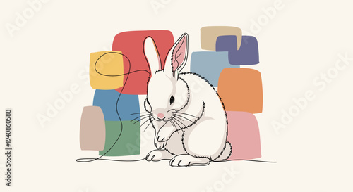 A cute rabbit interacting with colorful building blocks in a minimalist style, perfect for children's themes