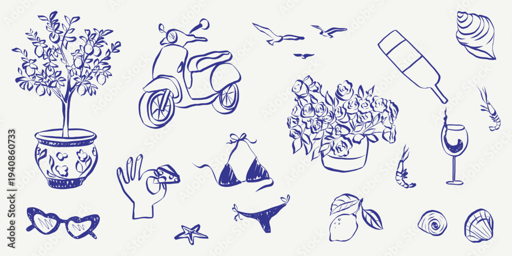 Obraz premium Coastal vacation graphics with Mediterranean flair: sketch lemons, waves, shells, and retro travel stamps. Perfect for restaurant menus, tropical posters, or seaside branding projects