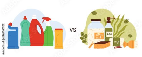 Eco friendly biodegradable organic cleaning products vs chemical detergents, infographic banner to compare cleaner products. Plastic bottles piles and homemade cleaners cartoon vector illustration