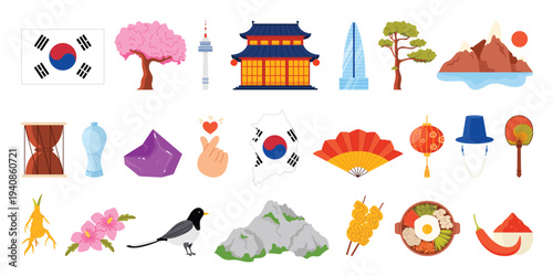 Travel to South Korea, set of famous culture elements and landmarks, food and tourist attractions. Gyeongbokgung palace and Jeju island scenery, kimchi and bibimbap cartoon vector illustration