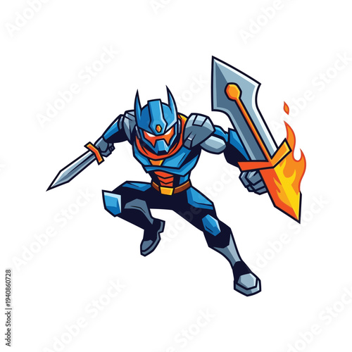 Cartoon superhero with sword and axe.
