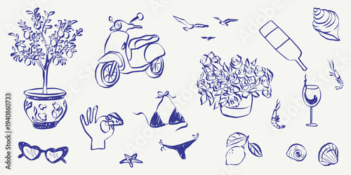 Coastal vacation graphics with Mediterranean flair: sketch lemons, waves, shells, and retro travel stamps. Perfect for restaurant menus, tropical posters, or seaside branding projects