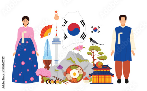 South Korea culture elements and landmarks, Korean man and woman in national costumes in infographic poster collage. Dokdo rocks and royal palace, bibimbap and pine tree cartoon vector illustration