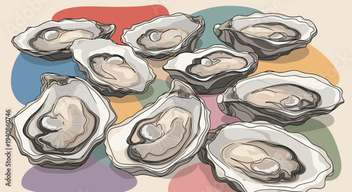 A vibrant illustration of a collection of oysters on a colorful background, featuring a modern, flat design style
