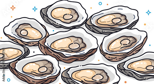 A vibrant illustration of fresh oysters on a plate, featuring a colorful, playful style, ideal for food-related design