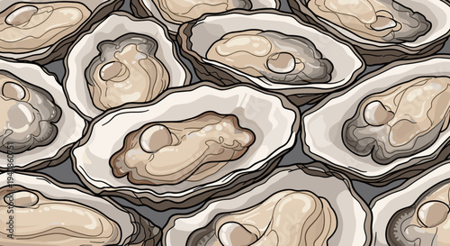A detailed illustration of fresh oysters arranged in shells, showcasing a modern, flat design style for culinary themes