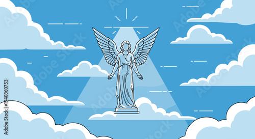 A stylized angel figure with wings against a backdrop of clouds and rays, in a modern flat design