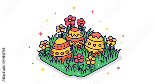 Colorful Easter eggs surrounded by vibrant flowers and grass in a playful, cartoonish style
