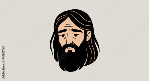 A stylized illustration of a man with long hair and a beard, featuring a minimalist design