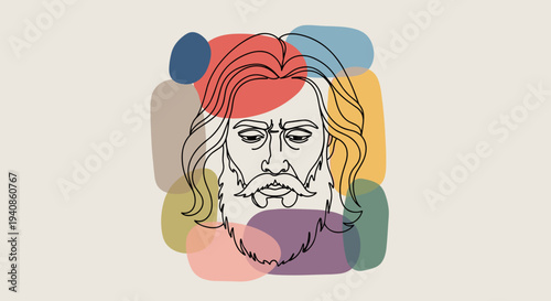 A colorful illustration of a bearded man with flowing hair, featuring a modern outline style and abstract shapes