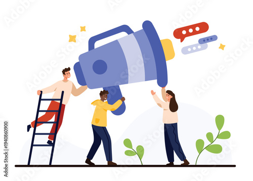 Diverse group of individuals showcasing their collaborative spirit, highlighting teamwork and communication with a megaphone to achieve shared goals vector illustration