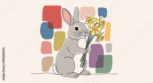 A cute rabbit holding a bouquet of daffodils against a colorful geometric background in a playful, modern style