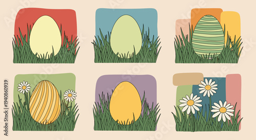 A colorful collection of decorated Easter eggs nestled in grass, featuring a modern, flat design style