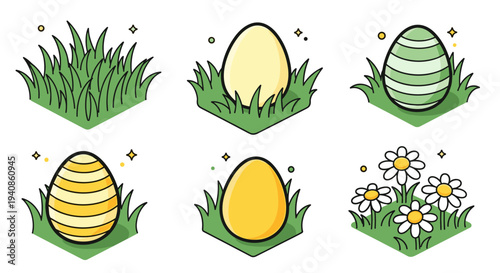 A colorful collection of decorated Easter eggs surrounded by grass and flowers in a flat design style