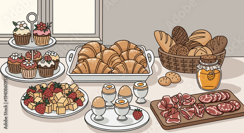 A delightful assortment of baked goods including croissants, cookies, and cupcakes in a modern, flat style