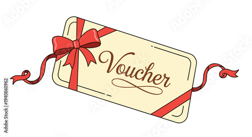 A decorative voucher design featuring a ribbon and bow in a minimalist style, suitable for promotions