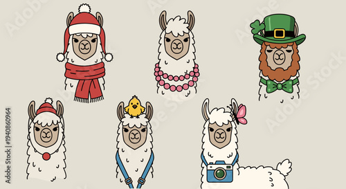 A playful collection of cartoon llamas dressed in various festive outfits, featuring a minimalist style for creative designs