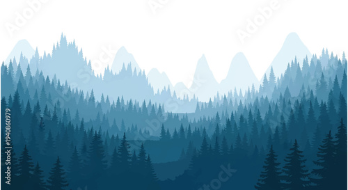 Blue Forest Landscape with Misty Trees.
