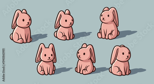 A collection of cute, cartoon-style rabbits in a minimalist design, ideal for children's themes and playful illustrations