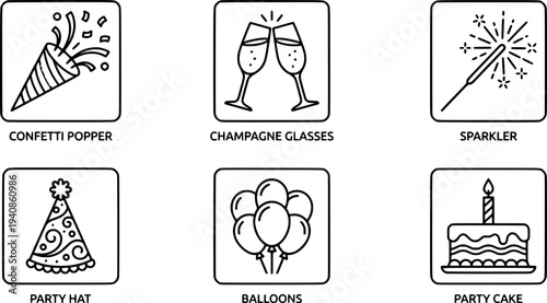 Flat design party icon set with confetti popper champagne glass sparkler and party hat in simple black line style