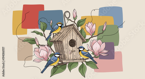 A charming birdhouse surrounded by colorful flowers and birds in a modern, illustrative style for nature themes