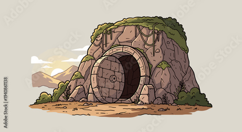 A detailed illustration of a cave entrance surrounded by rocks and vegetation in a cartoon style