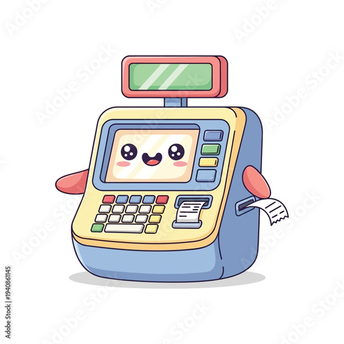Cartoon cash register with smiling face.