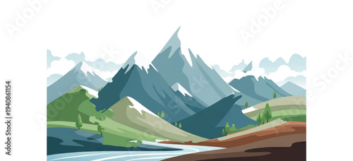 Mountain Landscape with River and Hills.