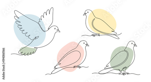 Colorful Dove Illustrations in Various Poses.