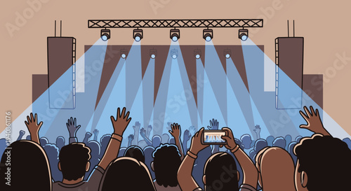 A vibrant concert scene featuring an enthusiastic crowd with raised hands and stage lights, illustrated in a modern flat style