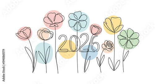 Colorful Flowers with 2026 Illustration.