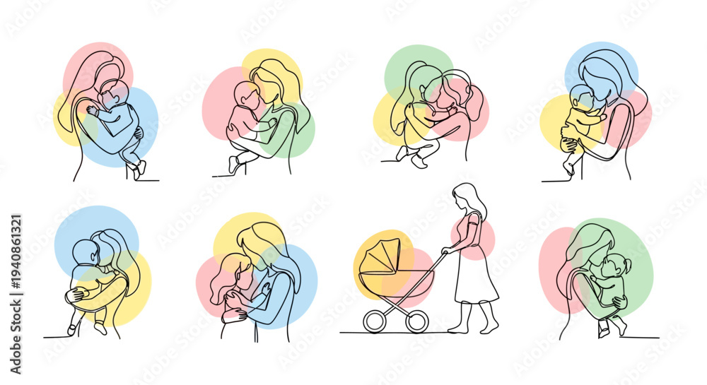 Fototapeta premium Mother Caring for Baby in Various Scenes.