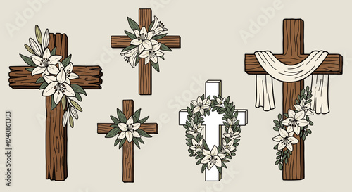 A collection of decorative wooden crosses adorned with floral elements in a modern, illustrative style suitable for religious themes