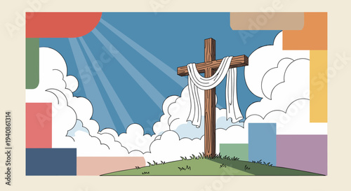 A stylized illustration of a cross draped with cloth, set against a colorful background with rays of light