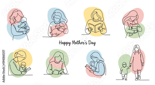 Mother and Child Illustrations in Various Poses.