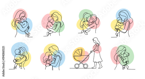 Mother Caring for Baby in Various Scenes.