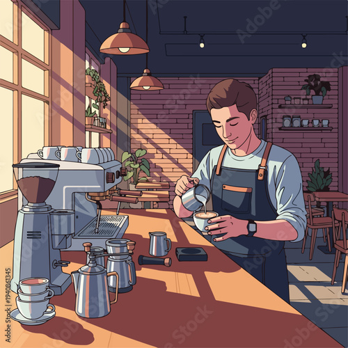 Professional Barista Crafting Latte Art in a Cozy Coffee Shop. Modern Cafe Interior with Espresso Machine Illustration.