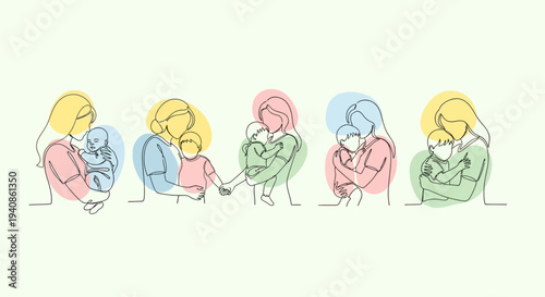 Mothers Holding Babies in Simple Drawings.