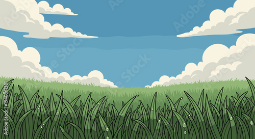 A vibrant landscape featuring lush green grass and a clear blue sky with fluffy clouds, in a flat style