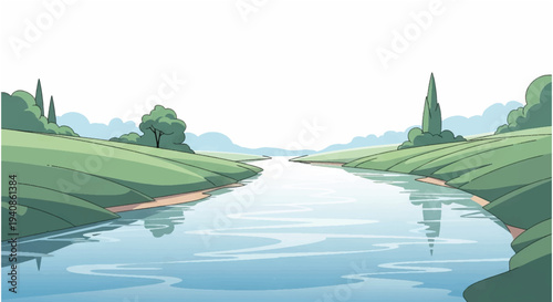 Serene River Landscape with Calm Water Surface.