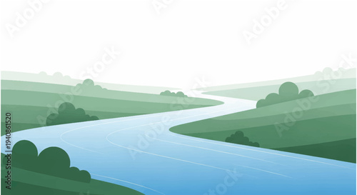 Winding River Landscape with Green Hills.
