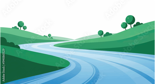 Winding Road Through Green Hills Landscape.