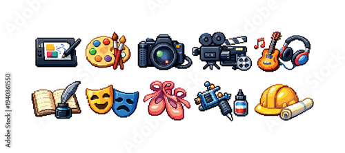 Arts and entertainment icon set in 3d style. music, dance, photography, theater symbols.