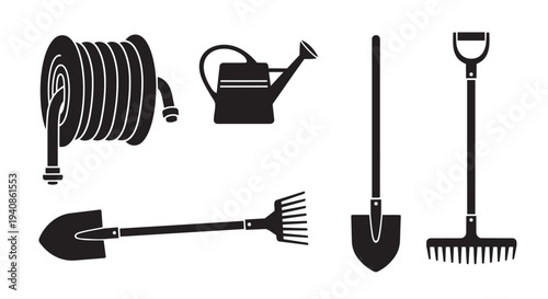 Gardening tools vector illustration set including shovel, rake, and watering can designs for landscaping