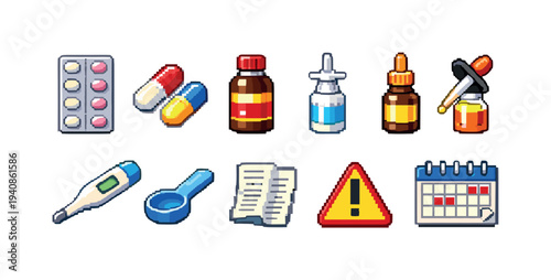 Retro style medical and health pixel icon set for apps and games