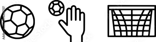 Soccer icons set featuring a football ball, a hand touching the ball (handball foul), and a goal net. Minimalist black line art vector illustration for sports refereeing and games.