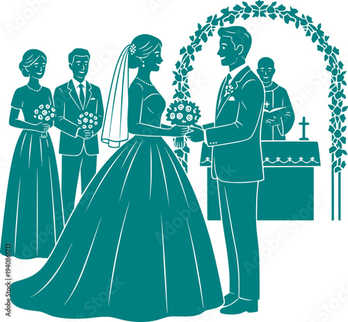 Wedding ceremony with bride and groom at the altar. Vector illustration of a couple getting married with bridesmaids and priest under a floral arch. Teal monochrome design.