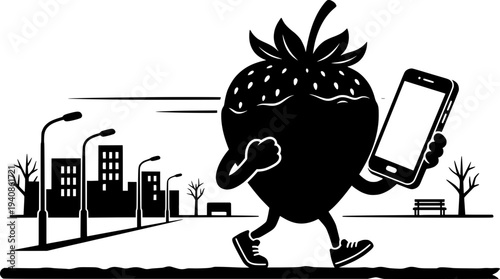 Strawberry cartoon character running in the city holding a smartphone. Black and white vector illustration of a fruit mascot jogging past buildings and street lights.