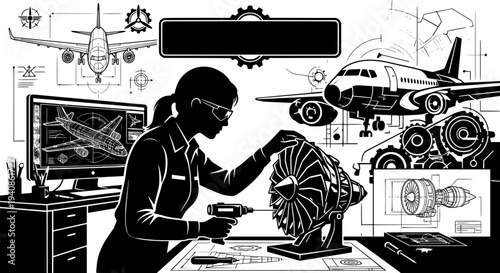 Female aerospace engineer working on jet engine. Black and white vector illustration of woman technician assembling turbine with aircraft blueprints and planes.